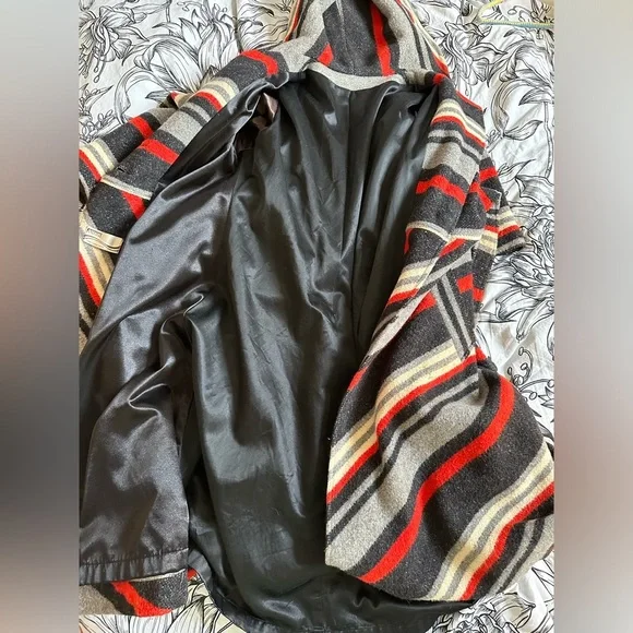 RARE Vintage 70’s Retro Boho Chevron Stripe Red Grey Black Wool Long Coat M L - Picture 9 of 10